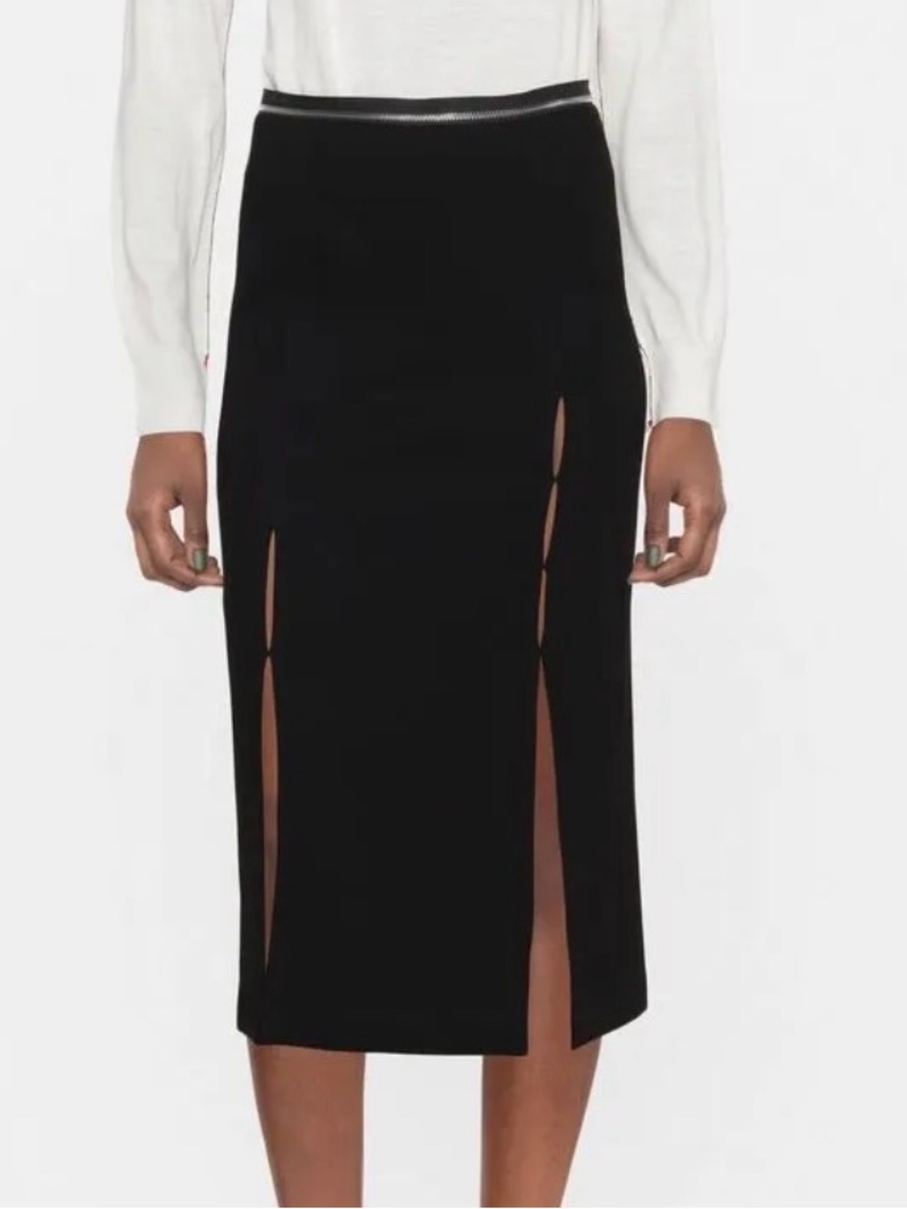 Helmut Lang Black Midi Skirt with Front Slits and Zipper